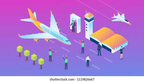 Modern Wide Ultra HD Screen Resolution Aviation Technology Isometric Composition Background Wallpaper With People and Digital Related Asset Illustration