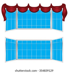 Modern wide window with decorative red curtains.