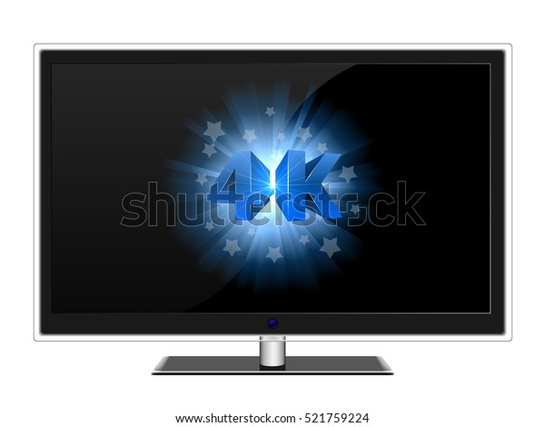 Modern widescreen TV with blue 4K sign on black\
screen vector template.