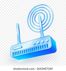 Roteador wifi moderno que emite ondas de sinal, para tecnologia, Internet e comunicação. Representa a conectividade, as redes sem fio e as soluções de Internet doméstica ou do escritório. Ilustração vetorial do ícone 3D.