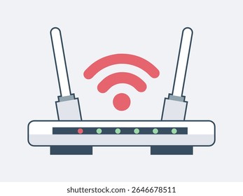 Ilustração moderna do roteador WiFi com duas antenas e luzes indicadoras ativas ativas, vistas da frente. Um ícone vermelho em negrito do sinal WiFi realça a conectividade sem fio. Ideal para conteúdo no acesso à Internet