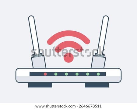 Modern WiFi router illustration with two antennas and active indicator lights, viewed from the front. A bold red WiFi signal icon highlights wireless connectivity. Ideal for content on internet access