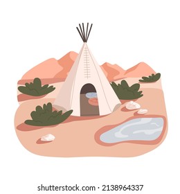 Modern wigwam house in nature. Teepee shelter for camping. Comfortable tepee, wickiup tent outdoors for trendy remote summer recreation. Flat vector illustration isolated on white background
