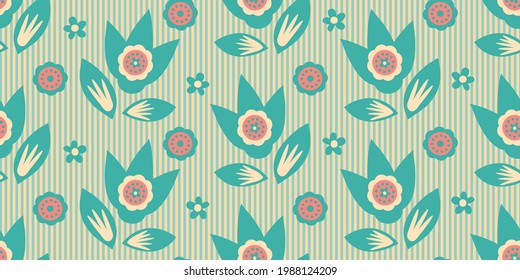 Moderno vector gráfico de flores silvestres de fondo sin fisuras. Cartel con grupos abstractos de hojas de flores sobre fondo a rayas en amarillo pastel. Para productos para bebés, cabecera, cinta, borde, guarnecido