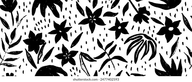 Modern wild flowers silhouettes vector seamless pattern. Abstract camomile or daisy painted by brush. Abstract plant motif. Black brush painted floral ornament.