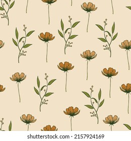 Modern wildflowers seamless pattern design. Seamless pattern with spring flowers and leaves. Hand-drawn background. floral pattern for wrapping paper or fabric. Botanic Tile.