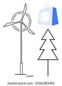 Modern wind turbine, stylized tree, and blue shopping bag with letter S. Ideal for renewable energy, sustainability, green living, eco-friendly products, environmental awareness. Clean, minimalistic