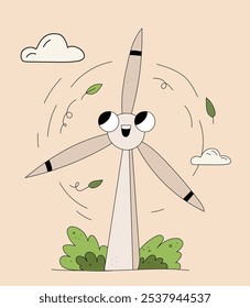 Modern windmill retro cartoon character. Renewable energy source concept. Vector hand drawn illustration.