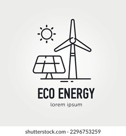 Moderne Windmühle und Solarpaneelbatterien - Bio-Landwirtschaft, energiesparendes Logo-Design. Einzeln und leicht zu bearbeiten Logo-Vorlage. Windenergie. Windenergie. Windturbinensymbol.