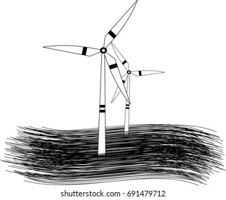 modern windmill turbines generating renewable green energy with no background