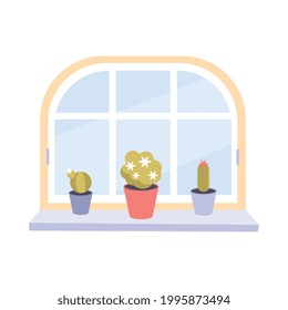 Modern window with potted plants on windowsill flat icon vector illustration