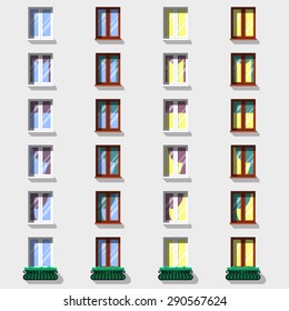 Modern windows set in flat exterior icons.