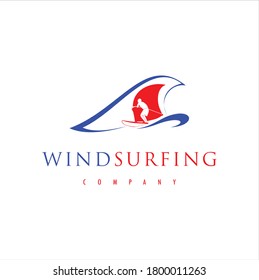 Modern Windsurfing with Blue Sea Ocean Beach Waves logo design inspiration