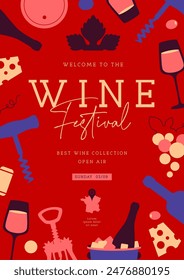 Cartel de fiesta de festival de vino moderno con atributos de vino. Ilustración vectorial de arte lineal