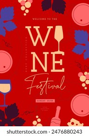 Modern wine festival party poster with wine attributes. Line art vector illustration