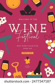 Modern wine festival party poster with wine attributes. Line art vector illustration