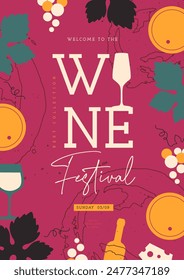 Cartel de fiesta de festival de vino moderno con atributos de vino. Ilustración vectorial de arte lineal