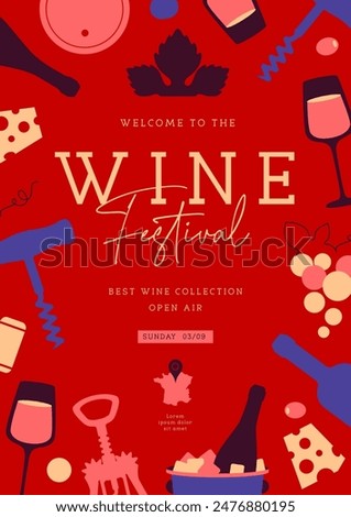 Modern wine festival party poster with wine attributes. Line art vector illustration