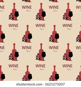 Modern Wine Time Repeat Pattern with Grapes and Typography. Seamless wine time pattern with wine bottles, glasses, decorative grapes, and text on beige background