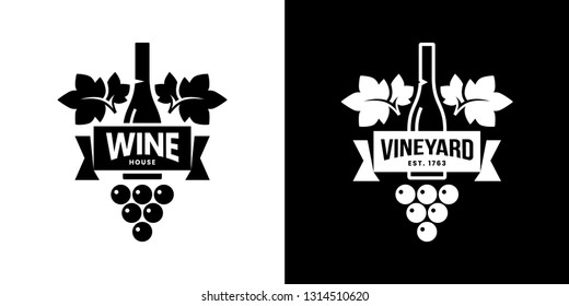 Modern wine vector isolated logo sign for pub, tavern, restaurant, house, shop, store, club and cellar. Premium quality vinery logotype illustration set. Fashion brand badge design template bundle.