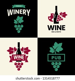 Moderna colección de logotipos aislados vectoriales para taberna, restaurante, casa, tienda, tienda, club y bodega. Conjunto de ilustraciones de logotipo de viñedos de primera calidad. Paquete de plantilla de diseño de placa de moda.