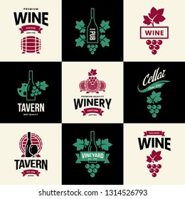 Modern wine vector isolated logo collection for tavern, restaurant, house, shop, store, club and cellar. Premium quality vinery logotype illustration set. Fashion brand badge design template bundle.