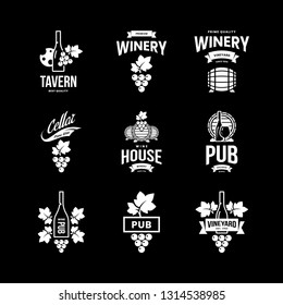 Modern wine vector isolated logo collection for tavern, restaurant, house, shop, store, club and cellar. Premium quality vinery logotype illustration set. Fashion brand badge design template bundle.