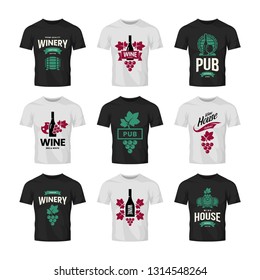 Modern wine vector logo collection for tavern, restaurant, shop, store, club and cellar on t-shirt mock up. Premium quality vinery logotype illustration set. Fashion brand badge design template bundle