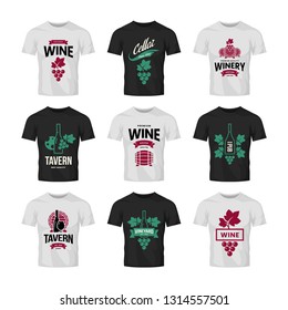 Modern wine vector logo collection for tavern, restaurant, shop, store, club and cellar on t-shirt mock up. Premium quality vinery logotype illustration set. Fashion brand badge design template bundle