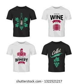 Modern wine vector logo collection for tavern, restaurant, house, shop, store, club and cellar on t-shirt mock up. Premium quality vinery logotype illustration set. Brand badge design template bundle.