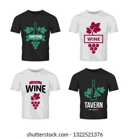Modern wine vector logo collection for tavern, restaurant, shop, store, club and cellar on t-shirt mock up. Premium quality vinery logotype illustration set. Fashion brand badge design template bundle