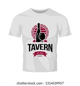 Modern wine vector logo sign for tavern, restaurant, house, shop, store, club and cellar isolated on white t-shirt mock up. Premium quality vinery logotype illustration. Fashion badge design template.