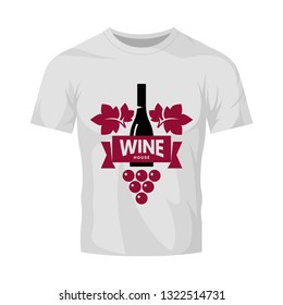 Modern wine vector logo sign for tavern, restaurant, house, shop, store, club and cellar isolated on white t-shirt mock up. Premium quality vinery logotype illustration. Fashion badge design template.