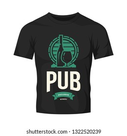 Modern wine vector logo sign for tavern, restaurant, house, shop, store, club and cellar isolated on black t-shirt mock up. Premium quality vinery logotype illustration. Fashion badge design template.