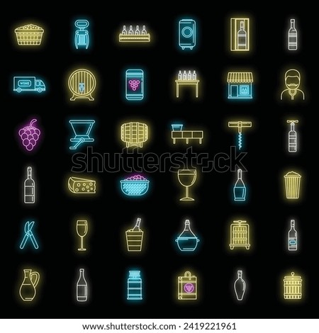 Modern winemaker icons set. Outline set of modern winemaker vector icons neon color on black