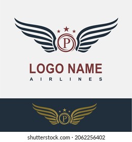 Plantilla de vectores de ideas con logotipo P de la letra inicial del ala moderna. Deporte, Fuerza, Vuelo, Aerolíneas, Avión, Logo Comercial de Finanzas. Símbolo de la libertad de la victoria del águila