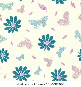 Modern wing textured butterflies, flowers and leaves in blue, pink and purple. Seamless vector pattern on cream background. Perfect for wellness, baby, beauty products, packaging, home decor
