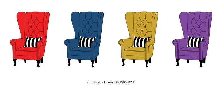 Modern wingback armchair vector set featuring red blue yellow and purple tufted chairs with striped pillows designed for interior design furniture catalogs UI and home decor graphics