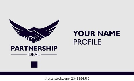 Modern wings of hands shaking logo and business card design. solution, positive, modern, partnership, icon, Premium Vector