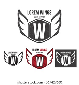 Modern wings shield template logo design. Monochrome, silhouette, color, retro rough versions. Vector design isolated on white background. For company logotype..