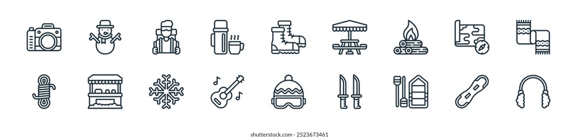 modern winter camp icon pack. perfect for linear ui designs featuring vector earmuff, snowboard, canoe, knife, ski, guitar, snow and more icons for mobile and web apps.