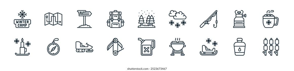 modern winter camp icon pack. perfect for linear ui designs featuring vector marshmallows, water bottle, sled,  , fuel, pocket knife, snowmobile and more icons for mobile and web apps.