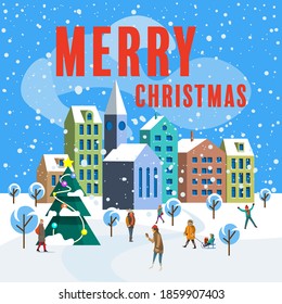 Modern winter city full of joy, peace and happiness. Getting ready for the holidays.  Christmas mood of joy.