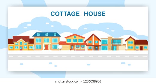 Modern winter cottage house. Web page urban design template. Real Estate concept. Flat Style American or Sweden Townhouse.