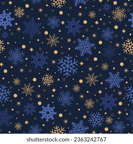 Modern winter decor, Christmas star. Festive seamless beautiful pattern for gift wrapping paper, fabric, clothing, textile, surface textures, scrapbook. Blue and gold snowflakes on a blue background. 