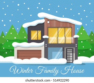 Modern winter Family House Poster or Greeting Card. Vector illustration.