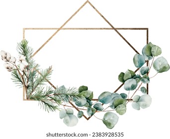 Modern winter floral golden frame in rhombus and rectangular shape, Eucalyptus. Template with space for text, greeting cards, invitation, mood decoration, save the date, wedding, greeting design, birt