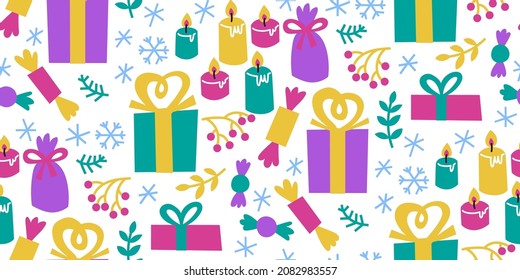 Modern winter holiday seamless pattern on white background. Gift wrapping paper. Christmas, Hannukah, inclusive holiday symbols.