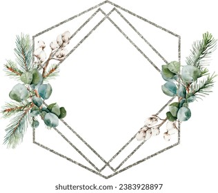 Modern winter invitation card, vector template with watercolor silver frames, geometric borders in double rhombus shape. Greenery floral silver borders. Template space for text, message, sign for gree