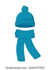 Modern winter knitted hat with pompon and scarf set. Vector